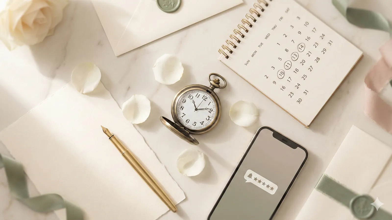 Wedding stationery and pocket watch representing the best timing for review requests