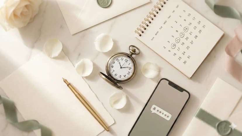 Wedding stationery and pocket watch representing the best timing for review requests